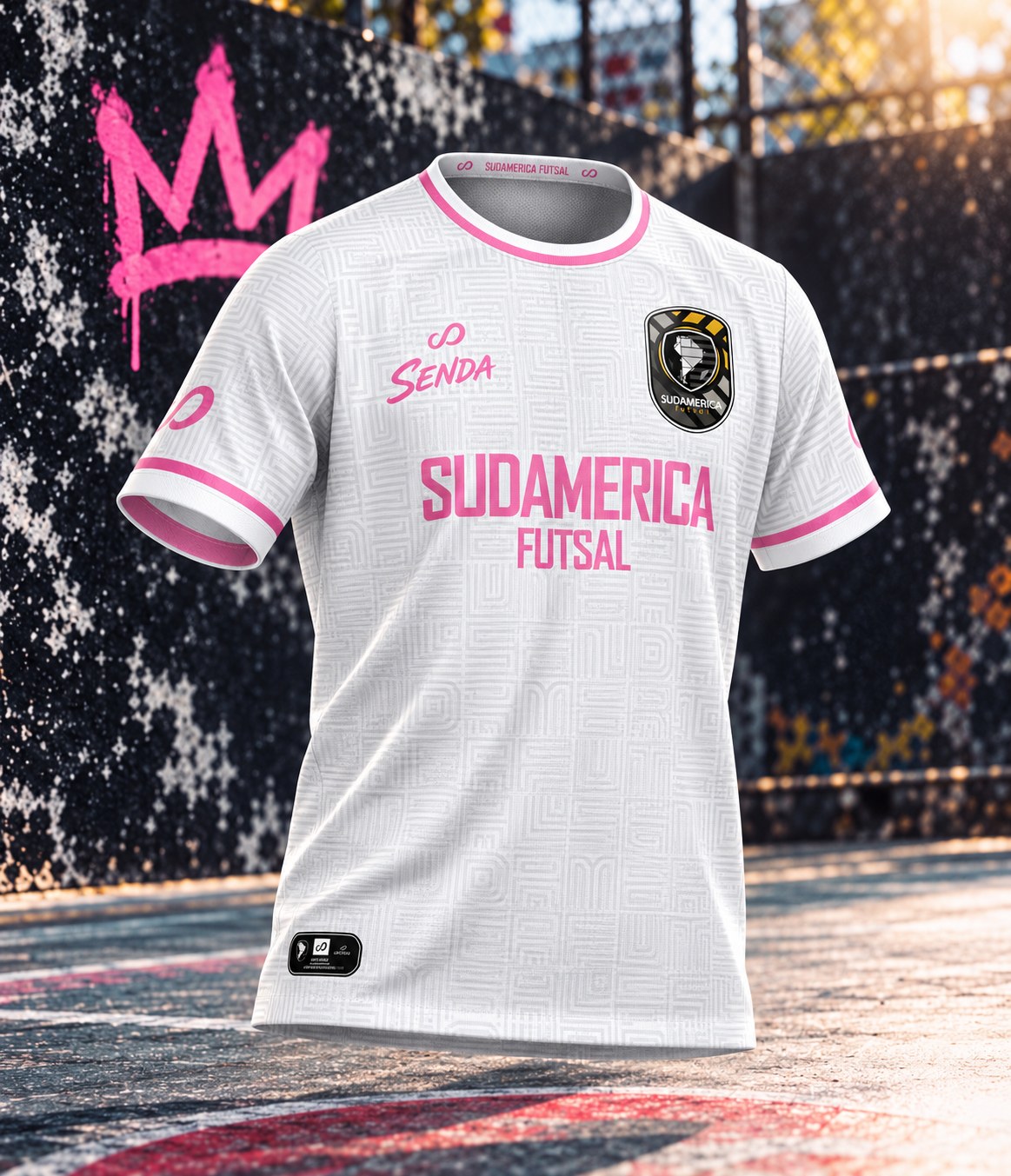 Sudamerica Futsal white and pink Senda jersey on an outdoor court