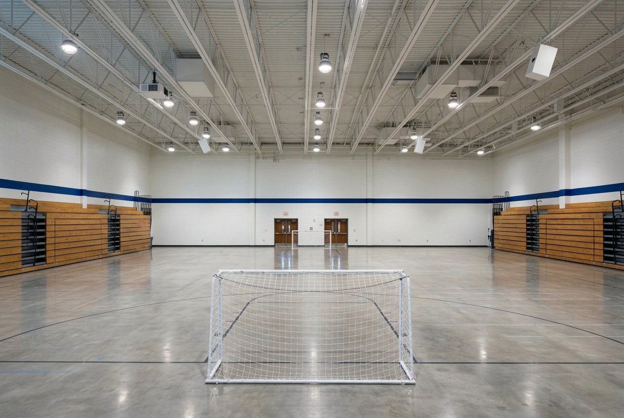 Indoor gym court with polished concrete floor at Alliance Academy