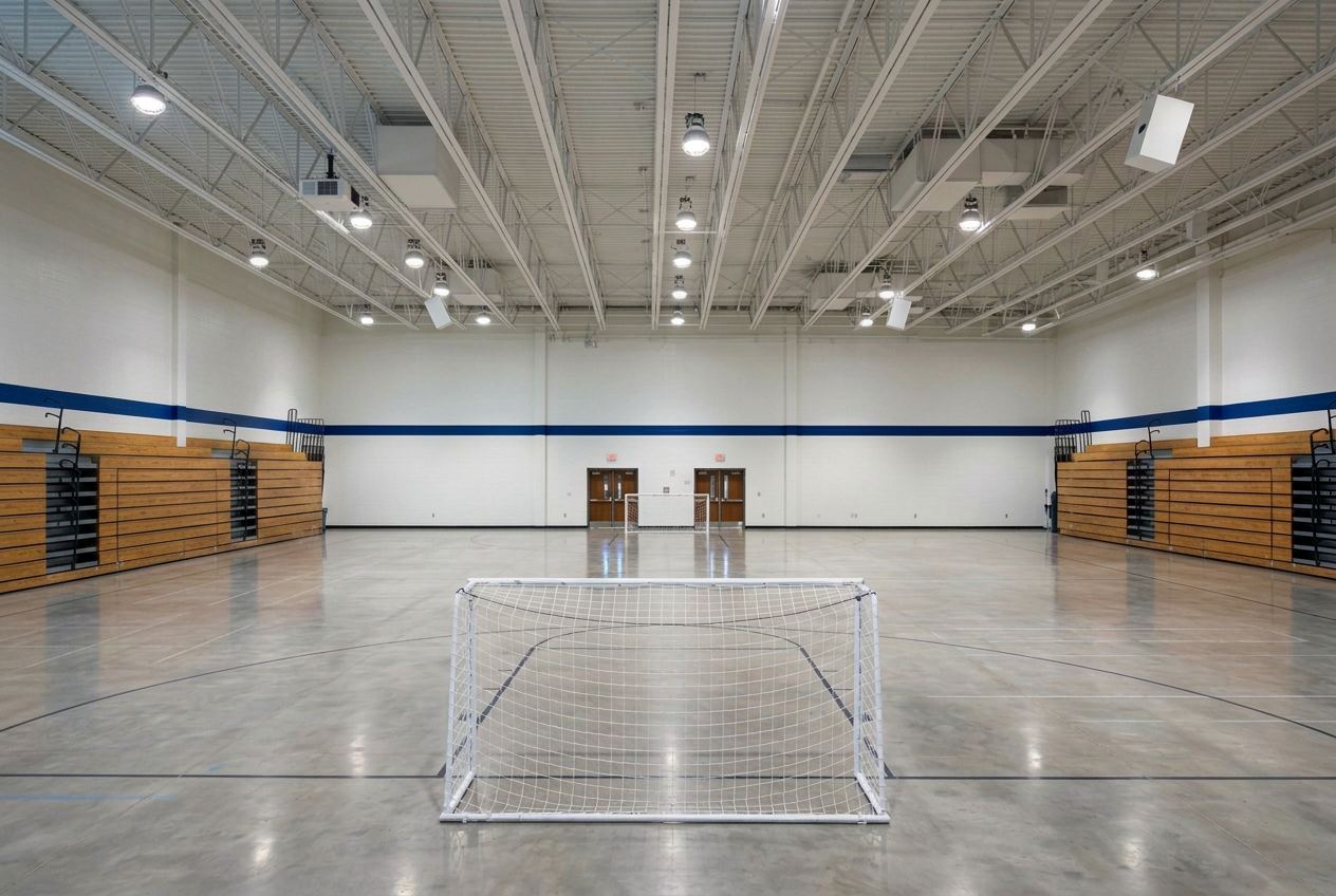 Indoor gym court with polished concrete floor at Alliance Academy
